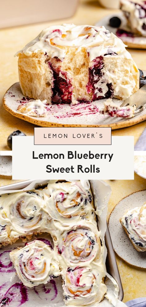 Absolutely to die for, big, soft lemon blueberry sweet rolls bursting with a homemade quick lemon blueberry filling and topped with a luscious lemon cream cheese frosting. These lemon sweet rolls are a glorious new take on my famous cinnamon roll recipe and are perfect for brunch, dessert, and celebrating spring and summer holidays! Pretty Food Desserts Recipes, Intermediate Dinner Recipes, What To Do With Excess Eggs, Cinnamon Roll Alternative, Desert Spring Rolls, Dessert Roll Recipes, Spring Bakery Treats, 85 Degrees Bakery Recipe, Spring Time Food