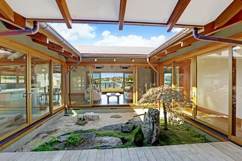 Zen Courtyard, Japanese Cottage, Dramatic Kitchen, Small Japanese Garden, Beam Design, Japanese Garden Landscape, Grouse Mountain, Midcentury House, Pale Wood