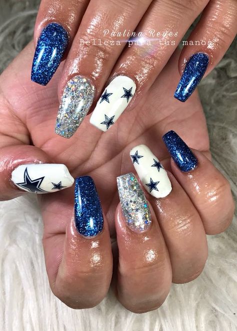 Cowboy Football Nails, Cowboy Nail Ideas, Dallas Cowboys Gel Nails, Cheerleading Nails Designs Cheer, Air Force Nails Designs, Cowboys Nails Design, Dallas Cowboys Nails Acrylics, Dallas Cowboy Nails, Cheerleading Nails