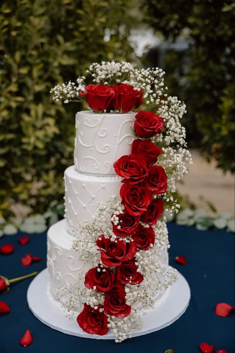 Wedding Details | ROSAS WEDDING | Elegant Wedding Decor Wedding Cakes With Roses, Red Wedding Cake Designs, Red Wedding Cake Ideas, White And Red Roses Wedding, Cake Ideas Red Velvet, Red Themed Wedding Cake, White Cake With Roses, Cake Table Wedding Simple, Wedding Decor Red And White