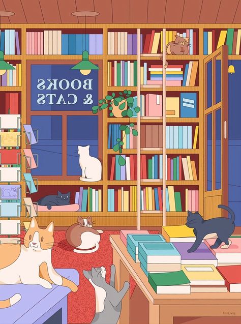 Cozy Library Illustration, Book Shop Drawing, Library Drawing Illustration, Book Store Illustration, Bookshop Illustration, Bookstore Illustration, Dream Bookstore, Cat Library, Library Illustration