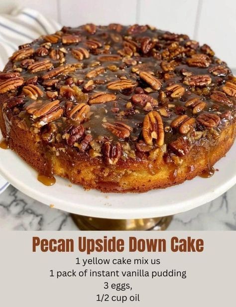 Pecan Upside Down Cake 😋😋Ingredients:1 yellow cake mix us1 pack of instant vanilla pudding.3 eggs,1/2 cup oil.1 cup water.Steps:Mix.In bundt pan or square or oblong, spray with baking spray, melt 1 stick of butter, but the melted butter in pan. Cover bottom of pan with light brown sugar, layer pecans on top of butter and brown sugar.Poor cake mix on top of pecans. Bake at 350 for 35 to 45 minutes. Bundt pan takes 45 minutes. Cool before turning it onto plate. Pecan Upside Down Cake, Pecan Halves, Pecan Coffee Cake, Pecan Pie Cake, Butter Pecan Cake, Cake Cooking, Gooey Caramel, Caramel Glaze, Southern Desserts