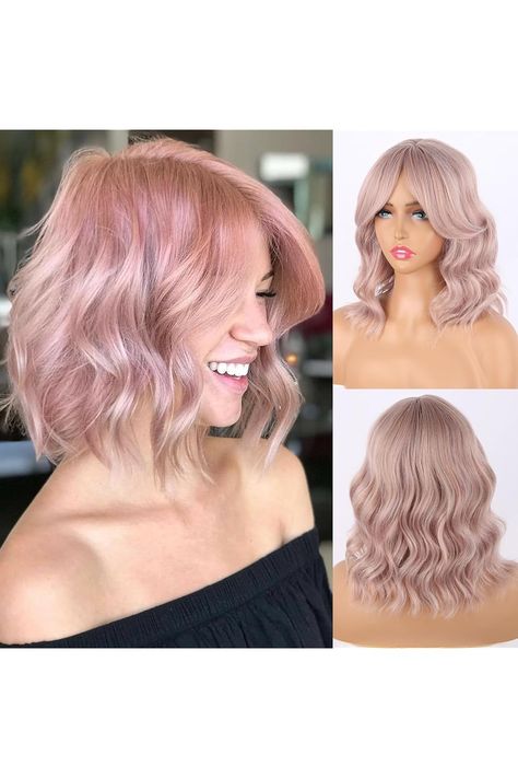 Ombre Purple Pink Wavy Bob Wig With Curtain Bangs for Women Short Light Pink Wave Wig Synthetic Highlight Pink Purple Bob Wavy Wig Natural Hair Curly Wavy Shoulder Length Wigs for Daily Use 14inch Wig With Curtain Bangs, Shoulder Length Wigs, Wig Natural Hair, Wavy Bob Wig, Purple Bob, Bob Wavy, Short Ombre, Ombre Purple, Bangs For Women