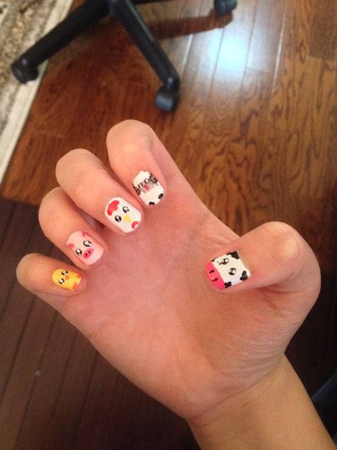 Farm Animals Nails, Farm Theme Nails, Farm Themed Nails, Farm Animal Nails Designs, Farm Nails Designs, Chicken Nail Art, Farm Animal Nails, Farm Nails, Easter Nails Easy