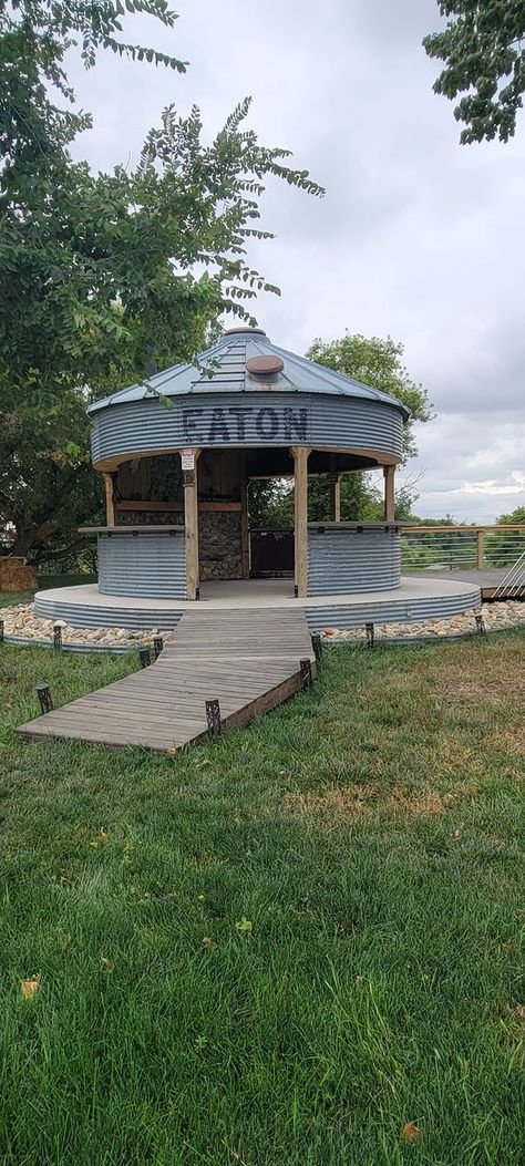 Binzebo, Grain Bin Repurposing | Our Grain Bin Gazebo in ND. | Facebook Grain Bin Ideas, Grain Bin Gazebo, Bin Gazebo, Bin House, Grain Bin House, Deck Remodel, Homestead Farm, Backyard Pavilion, Outdoor Gazebos