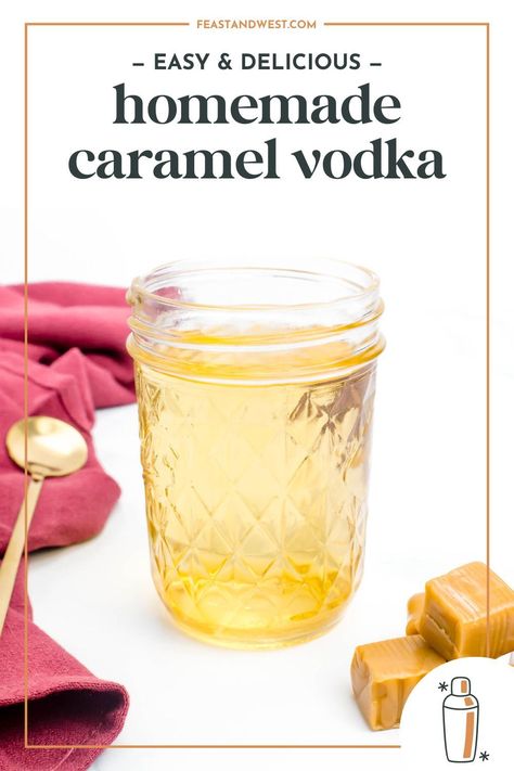 Make your own caramel vodka to mix drinks with or to give as gifts! Sweet and flavorful, you'll be surprised how easy it is to make at home! Caramel Infused Vodka, Carmel Vodka Recipes, Caramel Moonshine Recipes, Salted Caramel Vodka Recipes, Caramel Vodka Recipes, Infused Vodka Recipes Diy, Flavored Vodka Recipes, Carmel Vodka, Cocktail Infusions