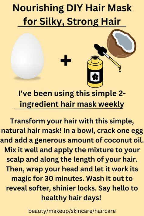 "Homemade hair mask with egg and coconut oil"
"How to make a DIY hair mask with egg and coconut oil"
"Egg and coconut oil hair treatment benefits"
"Natural remedies for healthier hair"
"Simple hair care routine for shiny locks"
#HairCare
#DIYHairMask
#EggAndCoconutOil
#NaturalHairCare
#HealthyHairTips Egg On Hair, Hair Mask With Egg, Hair Mask For Healthy Hair, Hair Care Routine Daily, Egg Hair Mask, Healthy Shiny Hair, Homemade Hair Mask, Hair Care Remedies, Coconut Oil Hair Mask