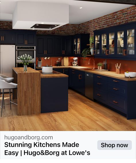 Burnt Orange And Black Kitchen, Navy And Orange Kitchen, Burnt Orange Kitchen, Orange Kitchen, Black Kitchens, Burnt Orange, Kitchen Design, Room Decor, Navy