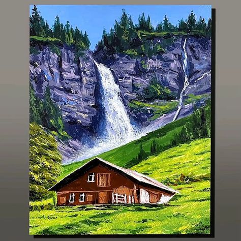 Waterfall Acrylic Painting, Switzerland Painting, Drawing Arts, Watercolor Art Landscape, Waterfall Paintings, Artwork Acrylic, Pen Art Drawings, Flower Painting Canvas, Landscape Paintings Acrylic