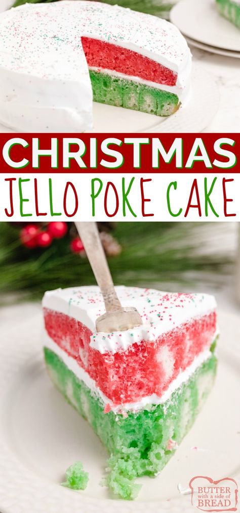 Christmas Poke Cake, Jello Poke Cake Recipe, Jello Cake Recipes, Jello Poke Cake, Poke Cake Jello, Christmas Jello, Easy Christmas Cake Recipe, Delicious Holiday Desserts, Poke Cake Recipe