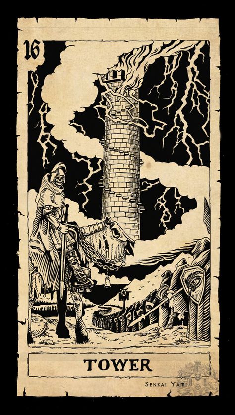 Tarot Cards Tower, Arcane Limbus Tarot, The Tower Tarot Tattoo, Senkai Yami, Tower Tarot Card, Tower Tattoo, The Tower Tarot Card, Tarot Cards Art Illustration, The Tower Tarot