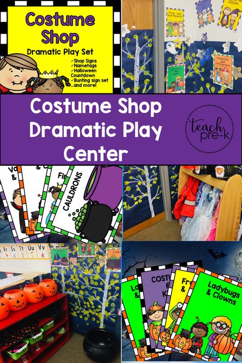 Dramatic Play Center Halloween Costume Shop! This Halloween Costume Shop sign and prop set is just what you need to make your Dramatic Play Center come to life for Halloween! Add your own costumes, Trick or Treat bags, Halloween decorations, and cash register and you are ready to go! Students will love the playing 'customers & store clerks' as they learn vocabulary, practice social skills, and use their imaginations! Halloween Costume Shop Dramatic Play, Halloween Dramatic Play For Toddlers, Dramatic Play Halloween Preschool, Costume Shop Dramatic Play, Halloween Dramatic Play, Dramatic Play Centers Preschool, Treat Bags Halloween, Halloween Lesson Plans, Preschool Activities At Home