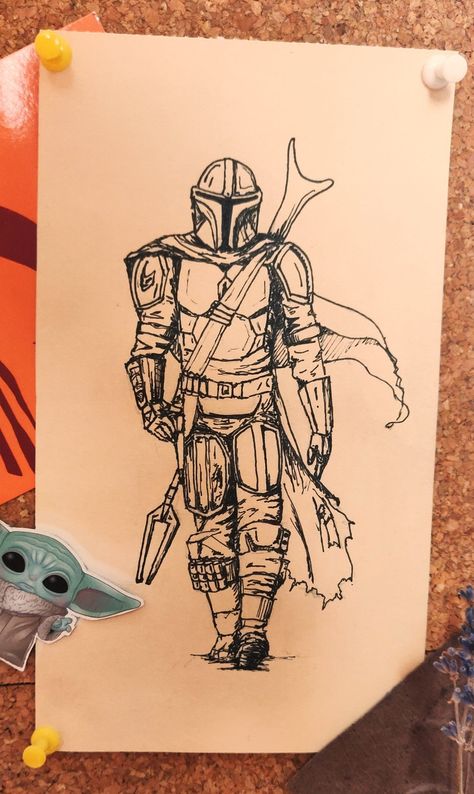 Mandalorian Line Art, How To Draw Mandalorian, Mandolorians Drawing, Mandalorian Helmet Drawing, Draw Mandalorian, The Mandalorian Drawing, Learning Sketching, Mandalorian Sketch, Mandalorian Drawing