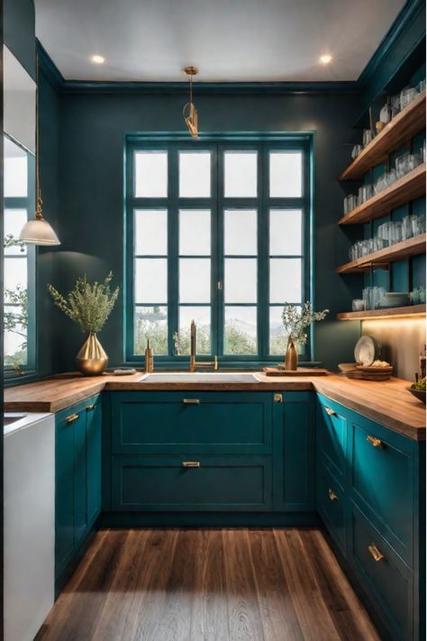 Kitchen cabinets in a variety of unexpected colors Kitchen Jewel Tones, Moody Teal Kitchen, Jade Green Cabinets Kitchen, Blue And Green Kitchen Cabinets, Teal Cabinets Kitchen Turquoise, Teal Walls Kitchen, Jewel Tone Kitchen Cabinets, Teal Color Palette Kitchen, Dark Turquoise Kitchen