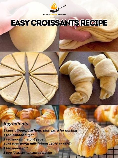 Making croissants from scratch can be a bit of a process, but this simplified recipe aims to make it more accessible while still delivering the buttery, flaky goodness you crave. For those who love the art of baking, taking on croissants can be a rewarding endeavor. Let's get started! Easy Croissants Recipe 🥐 Enjoy the delightful layers of these homemade croissants, a simplified version that brings Parisian charm to your kitchen. Ingredients: 3 cups all-purpose flour, plus extra for dusti... Flakey Croissant Recipe, Cool Baked Goods, Homemade Crossiant Rolls, Diy Croissants Recipes, Crosaint Recipes Easy, Easy Croissant Recipe 3 Ingredients, Glazed Croissants Recipe, Homemade Croissants Recipe, Crosont Recipes Easy