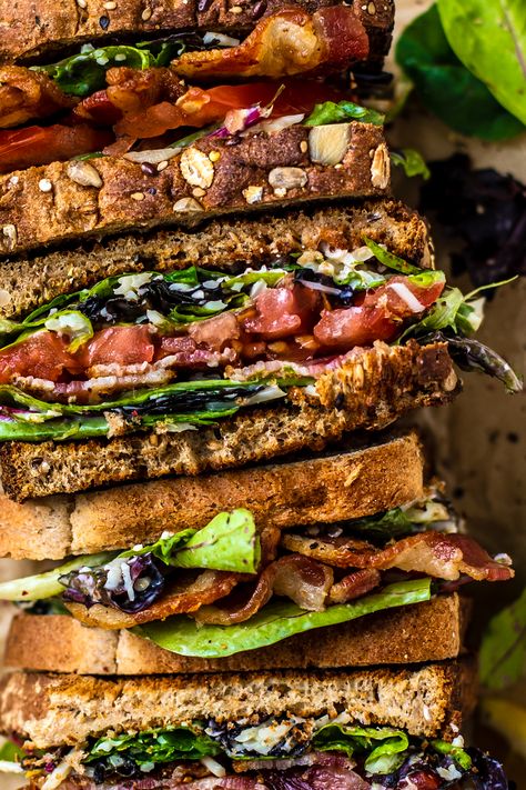 Caesar BLT Sandwich with Peppered Bacon Gourmet Blt, Best Tuna Sandwich, Peppered Bacon, Blt Recipes, Fast Healthy Dinner, Roasted Red Pepper Soup, Pita Pizzas, Fast Healthy Lunches, Thyme Recipes