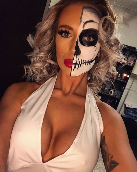 Half Painted Face Halloween, Halloween Half Face Makeup, Halloween Makeup Half Face, Half Face Skeleton Makeup, Skeleton Makeup Half Face, Half Skeleton Face, Marilyn Monroe Halloween, Guys Halloween Makeup, Half Face Halloween Makeup