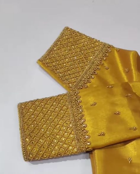 Embroidery On Golden Blouse, Silk Aari Work Blouse, Golden Aari Work Blouse, Golden Blouse Aari Work, Magam Work Designs, Heavy Blouse, Golden Blouse, Aari Design, Sugar Beads