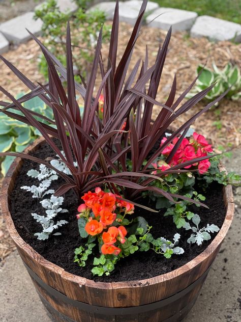 Whiskey Barrel Ideas Planters, Whisky Barrel Planter Ideas, Half Barrel Planter Ideas, Big Planters Outdoor Ideas, Whiskey Barrel Planter Flowers, Whiskey Barrel Planter Ideas, Country Cottage Porch, Cottage Porch Ideas, Barrel Planter Ideas