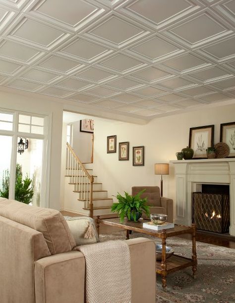 Diy Drop Ceiling, Plastic Ceiling Panels, Basement Ceiling Ideas Cheap, Ceiling Options, Plastic Ceiling, Armstrong Ceiling, Drop Ceiling, Basement Ceiling, Condo Decorating