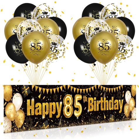 PRICES MAY VARY. ✨【85TH BIRTHDAY DECORATIONS】: You will get a black and gold 85th birthday banner, 18 pieces of latex happy birthday balloons with a ''85th Happy Birthday'' pattern (6pcs gold balloons + 6pcs white balloon +6pcs transparent Inflatable Clear Confetti balloons). It would be an impressive decoration for 85th Years Old birthday party 85th anniversary birthday party. ✨【BIRTHDAY BALLOONS】: Our 85th latex birthday balloons are made of high-quality material and the balloon is thicker, th 85th Birthday Decorations, 65 Birthday Decorations, 75th Birthday Decorations, Black Gold Birthday, Clear Balloons With Confetti, 90th Birthday Decorations, Outdoor Yard Decor, 80th Birthday Decorations, 70th Birthday Decorations