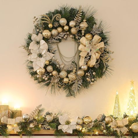 Valery Madelyn Pre-Lit Christmas Wreath for Front Door with Lights, 30 Inch Large Lighted Christmas Wreath with White Gold Xmas Ball for Fireplace Window Outdoor Table Centerpiece Holiday Decoration Wreath Inside House, White And Gold Ornaments, Gold Wreath Christmas, Lighted Christmas Wreath, Outdoor Table Centerpieces, Pre Lit Christmas Wreaths, Large Christmas Wreath, Wreath Inside, Christmas Wreaths With Lights