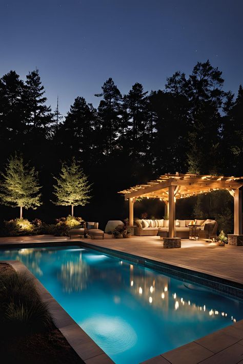 Backyard pool illuminated with soft lighting, creating a serene and inviting nighttime atmosphere. Pool Lighting Ideas, Backyard Lighting Ideas, Underwater Pool Light, Pool Lighting, Perimeter Lighting, Outdoor Lighting Ideas, Floating Lanterns, Pool Lights, Backyard Lighting