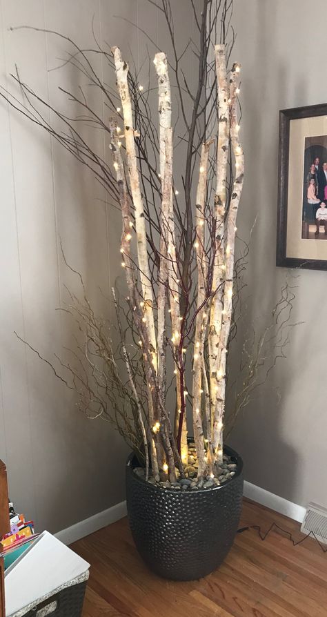 Potted Birch Tree, Birch Tree Light Decor, Birch Pole Decor, Birch Tree Ideas Home Decor, Decor With Birch Branches, Birch Branches Decor, Birch Sticks Decor, White Birch Branches Decorating Ideas, White Birch Trees Decor