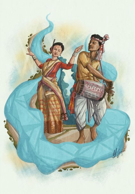 Assam Bihu Dance Drawing, Bihu Dance Painting, Haridwar Illustration, Bihu Festival Poster, Bihu Dance Illustration, Indian Folk Dance Drawing, Bihu Festival Drawing, Bihu Drawing Ideas, Assam Culture Drawing