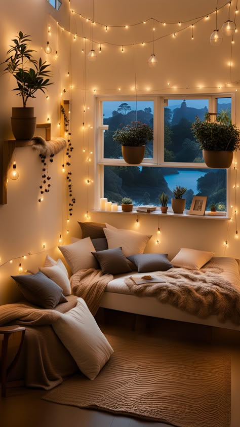 Sleep Tight: Cozy Bedroom Decor & Relaxing Lighting Lid Lights Room, Star String Lights Bedroom, Nighttime Aesthetic Bedroom, Twinkle Lights Ideas, Aesthetic Bedroom Vintage, Snug Corner, Cozy Kitchen Ideas, Garage Door Ideas, Loft Aesthetic