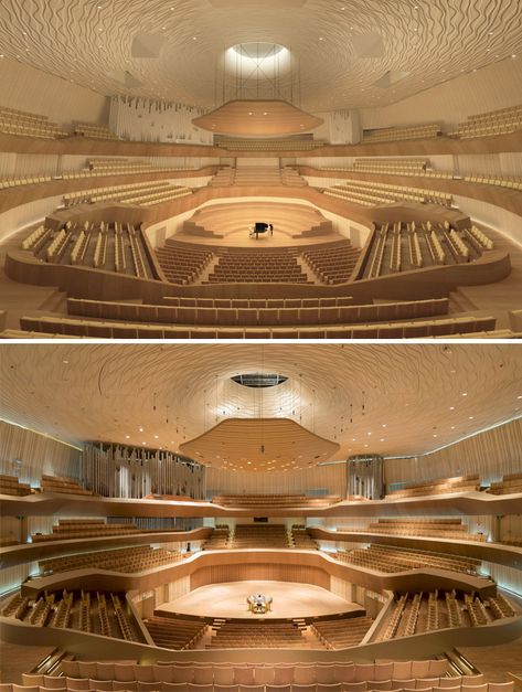 Render vs Reality! Check the before and after 2000-seat Concert Hall of the National Kaohsiung Centre for the Arts.  Photo by Iwan Baan. Concert Hall Design, Iwan Baan, Theatre Seating, معرض فني, Concert Hall Architecture, Urban Living Room, Auditorium Design, New Palace, Timber Roof