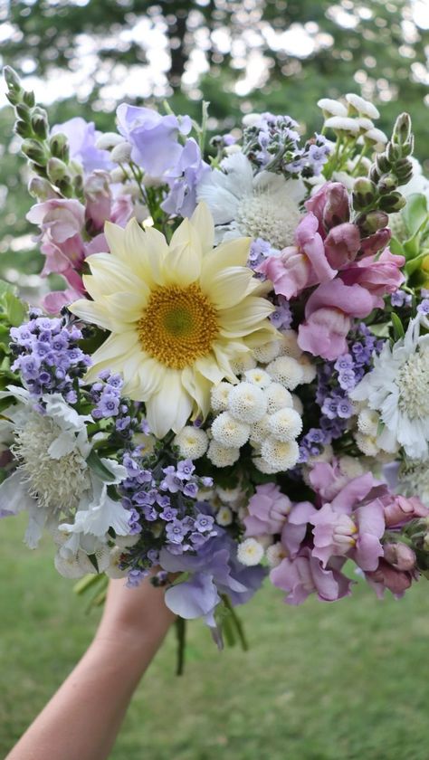 Jenna Meadows | Meadows Flower Farm | There is something about soft blues/lilacs with light yellow. ☺️✨ Garden grown ingredients: Sunflower “White Lite” Snapdragons “Potomac… | Instagram Purple Yellow White Wedding Flowers, Flowers Wild Wildflowers, Lilac And Light Blue Wedding, Lilac Flower Arrangements, Light Yellow Sunflower, Flower Color Combinations, Daisy Wedding Theme, Light Yellow Weddings, Witchy Party