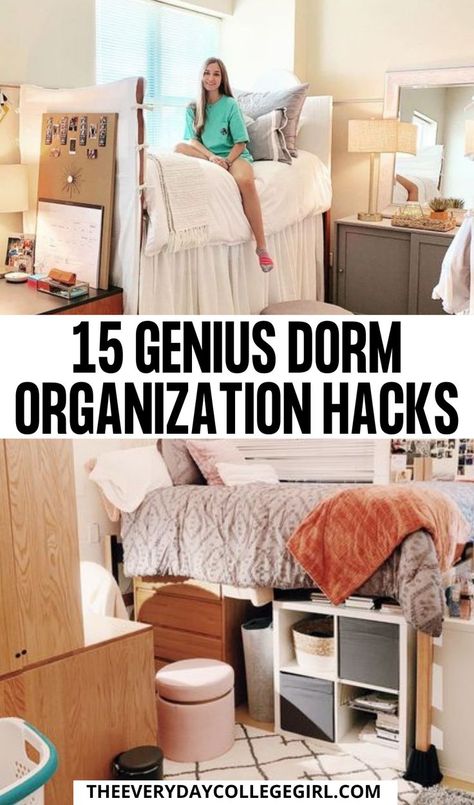 Dorm Life Hacks, Dorm Organization Hacks, College Dorm Closet, Dorm Room Organization Ideas, Dorm Closet Organization, Dorm Room Organization Storage, Lofted Dorm Beds, Dorm Room Curtains, Pretty Dorm Room