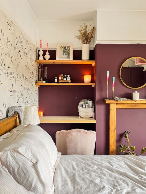 white and burgundy bedroom with one botanical wallpaper accent wall White And Burgundy Bedroom, Burgundy Accent Wall Bedroom, Bedroom Maroon, Burgundy Accent Wall, Wall Colour Ideas, Maroon Bedroom, Burgundy Bedroom, 2023 Decor, Traditional Bedrooms