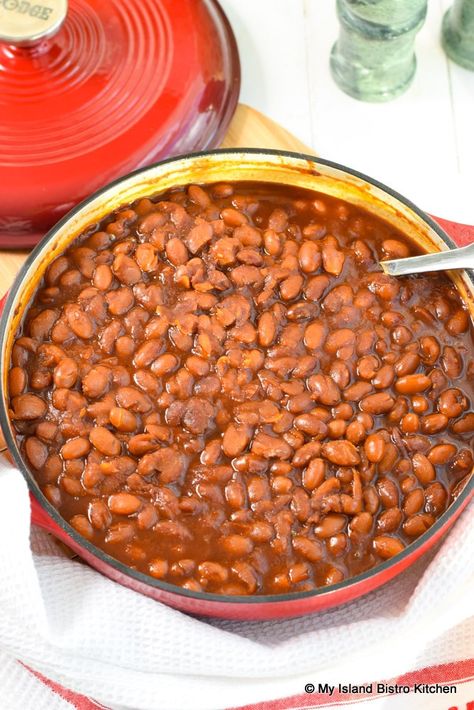 Baked Beans in Tomato Sauce - My Island Bistro Kitchen Baked Beans In Tomato Sauce Recipes, Beans With Tomato Sauce, Baked Beans With Tomato Sauce, Tomato Baked Beans, Beans In Tomato Sauce Recipes, Baked Beans In Tomato Sauce, Homemade Baked Beans Recipe, Beans In Tomato Sauce, Vegetarian Baked Beans