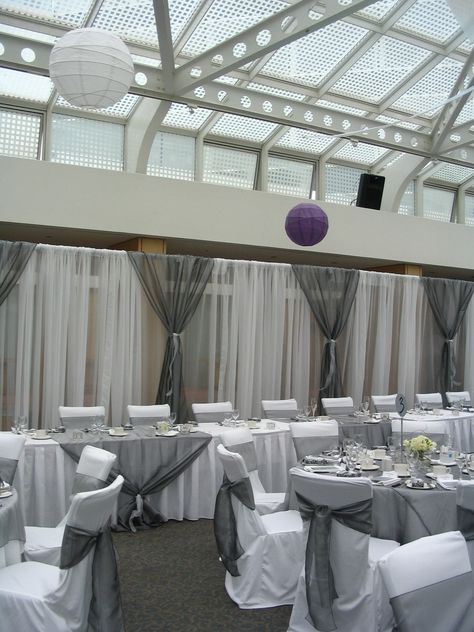 Gray Quinceanera Theme, Grey And White Wedding Decor, Grey Wedding Decor, Silver Weddings, Grey Wedding Theme, Exposed Ceiling, Head Table Decor, Head Table Wedding, Head Tables