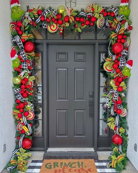 Christmas Themes Decorations 2024, The Grinch House Decorations, Whoville Christmas Garland, Indoor Grinch Decorations, Christmas Decor Ideas The Grinch, The Grinch Garland, Christmas Decor Ideas Grinch Theme, Grinch Christmas Front Porch, Grinch Themed Door Decorations