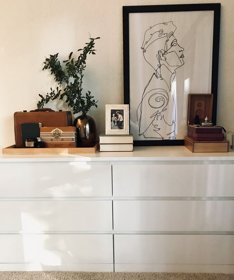 MALM IKEA Dresser Styling Modern, Natural, Ralph Lauren Ikea Malm Dresser Living Room, Ikea Malm Dresser Wood, Malm Dresser Styling, Ikea Dresser Styling, Wide Dresser Decor, Malm Drawers Styling, Drawer Chest Decor Ideas, Shelf Over Dresser, Ikea Malm Dresser Bedroom