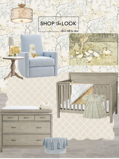 Welcome to our darling duckling-themed nursery! Soft yellows & blues adorn the walls in a charming floral & branches pattern wallpaper. A cozy baby blue swivel glider with a stuffed ducky awaits snuggles. Theo Van Hoytema's duck art adds whimsy. Complete with marble end table, hydrangea bouquet, & a double-wide arch mirror for a touch of elegance. Duckling Delight!   Follow my shop @OliveHillandVine on the @shop.LTK app to shop this post! Duck Egg Blue Nursery, Duckling Nursery Theme, Duckling Nursery, Blue Nursery Girl, Marble End Table, Nursery Decor Inspiration, Girl Nursery Themes, Marble End Tables, Duck Art