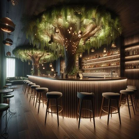 Forest Bar, Futuristic Bar, Tree Restaurant, Modern Restaurant Design, Magical Decor, Restaurant Specials, Christmas Forest, Architecture Concept Drawings, Fantasy Homes