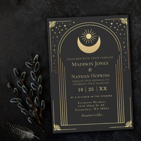 $2.95 | Mystical Black Gold Tarot Card Wedding #elegant, gothic, gothic wedding, hallowedding, tarot, tarot card, mystical, cosmos, galaxy, space themed wedding Tarot Card Wedding, Space Themed Wedding, Celestial Wedding Invitations, Witch Wedding, Halloween Wedding Invitations, Modern Wedding Design, Tarot Card Design, Starry Night Wedding, Celestial Wedding