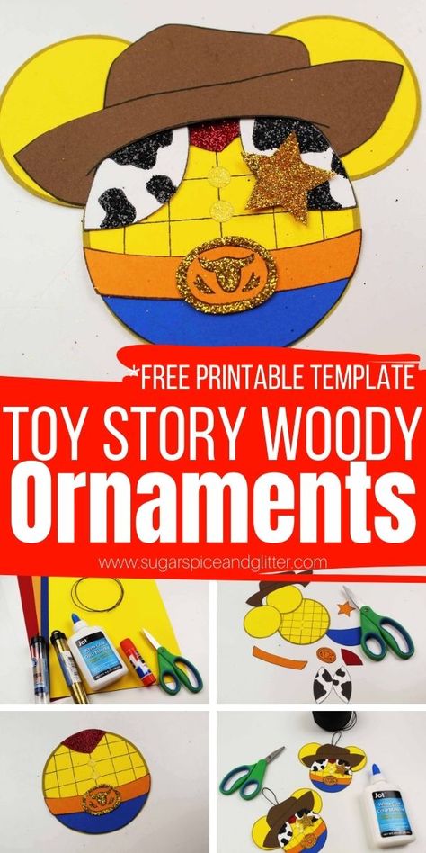 How to make Sheriff Woody Ornaments - including a free printable template! These cute Disney Christmas ornaments are super simple to make and add some Disney magic to your Christmas decor Toy Story Christmas Ornaments Diy, Diy Disney Tree Topper, Disney Christmas Crafts For Kids, Toy Story Ornaments Diy, Toy Story Ornaments, Disney Tree Topper, Disney Felt Ornaments, Disney Ornaments Diy, Disney Christmas Crafts