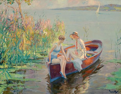 https://flic.kr/p/GB3W5G | Edward Cucuel - Summer Reflections | Edward Cucuel's elegant Summer Reflections is a superb example of his signature style, born out of early 20th-century Impressionism. A native of San Francisco, Cucuel spent the first fifteen years of his career searching for his artistic voice, studying the Old Masters at the Académie Julian and the École des Beaux-Arts in Paris and working as a newspaper illustrator in New York, but it was not until 1907 when he moved to Munich... Edward Cucuel, American Impressionism, Reflection Painting, Bo Bartlett, Alex Colville, Audrey Kawasaki, Andrew Wyeth, Imaginary Friend, Old Master