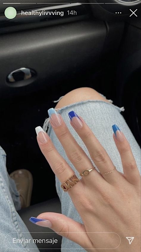 Blue And White Nails, Blue Coffin Nails, Blue Acrylic Nails, Simple Acrylic Nails, French Tip Acrylic Nails, Coffin Shape Nails, Short Acrylic Nails Designs, Short Acrylic, Prom Nails