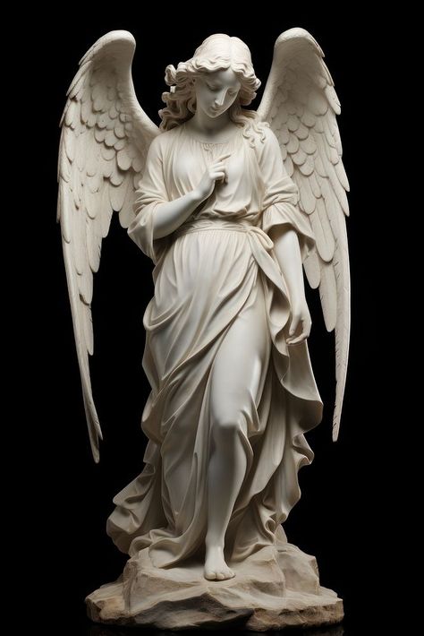 Angel Statue angel standing statue. AI generated Image by rawpixel. | premium image by rawpixel.com / Hein Angle Statue Sculpture, Greek Statues Reference, Marble Angel Statue, Statue For Drawing, Halo Reference Angel, Angel Looking Down, Angel Statue Aesthetic, Angel Sculpture Statues, Male Angel Statue