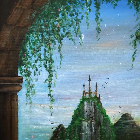 Painting Ideas Fantasy World, Fairytale Painting Acrylic, Fantasy Castle Drawing Easy, Fairytale Painting Easy, Castles Paintings, Fantasy Painting Easy, Watercolour Cookies, Castle Drawing Easy, Fairy Tale Painting