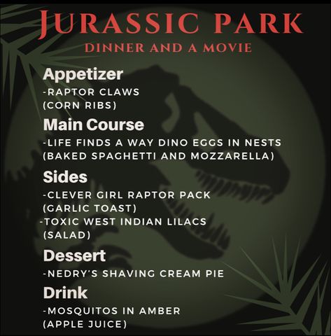 Jurassic Park Dinner And A Movie, Jurassic Park Dinner, Disney Movie Themed Dinner, Family Movie Night Themes, Fiction Food, Movie Bingo, Theme Dinners, Movie Recipes, Disney Themed Movie Night