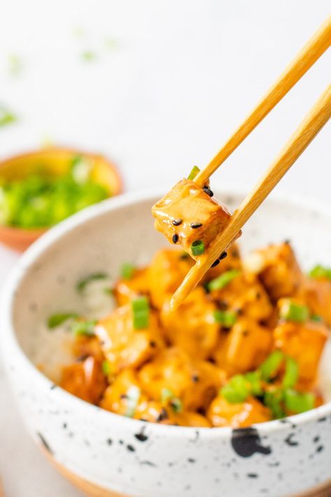 Fun Tofu Recipes, Bang Bang Tofu, Tofu Carrot Recipe, Bang Bang Tofu Vegan, Vegan Asian Tofu Recipes, Vegan Tofu Recipes, Crispy Pan Fried Tofu, Crispy Tofu Recipes Pan Fried, Vegan Tantanmen With Pan Fried Tofu