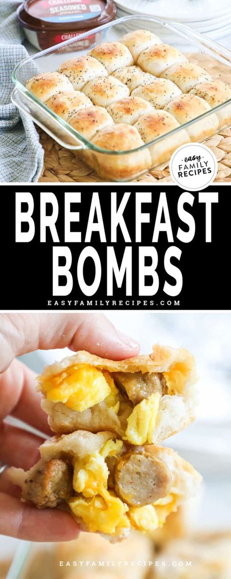 WOW! These stuffed biscuit Breakfast Bombs are DELICIOUS! Tender biscuits are stuffed with eggs, cheese, and bacon or sausage then brushed with everything butter and baked. My kids love these for breakfast in the morning. You can make them ahead of time and reheat, or even make as a breakfast freezer meal. They pack in the flavor and make a hearty, filling, flavor packed breakfast! Stuffed Breakfast Biscuit Ideas, Breakfast Biscuit Balls, Egg Stuffed Biscuits, Breakfast Bombshell Recipes, Bacon Egg Cheese Biscuit Bake, Biscuits Breakfast Ideas Pillsbury, Quick Breakfast Ideas With Biscuits, Canned Biscuit Recipes Breakfast Eggs, Diy Belvita Breakfast Biscuits