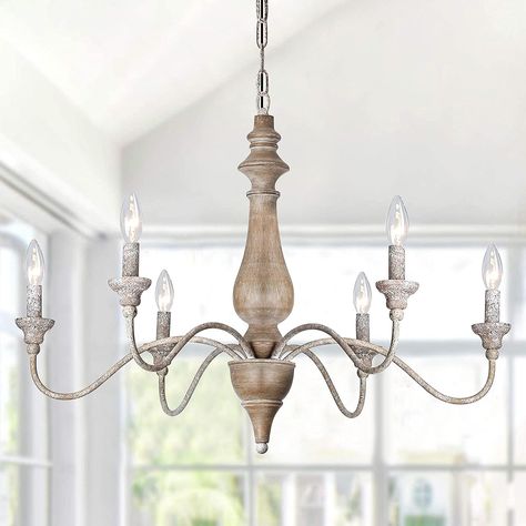 T&A 6 Light French Country Chandelier, Rust Arms Imitation Wood Finish Farmhouse Chandelier for Dining Room Kitchen Living Room French Country Chandelier, Country Chandelier, Farmhouse Chandelier, Wood Chandelier, White Chandelier, Traditional Chandelier, Dining Room Chandelier, Candle Styling, Candelabra Bulbs